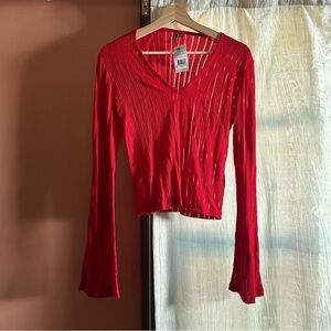 ST. Studio Ribbed V-Neck Top Bell Sleeves Shirt Scarlet Red NWT Size M